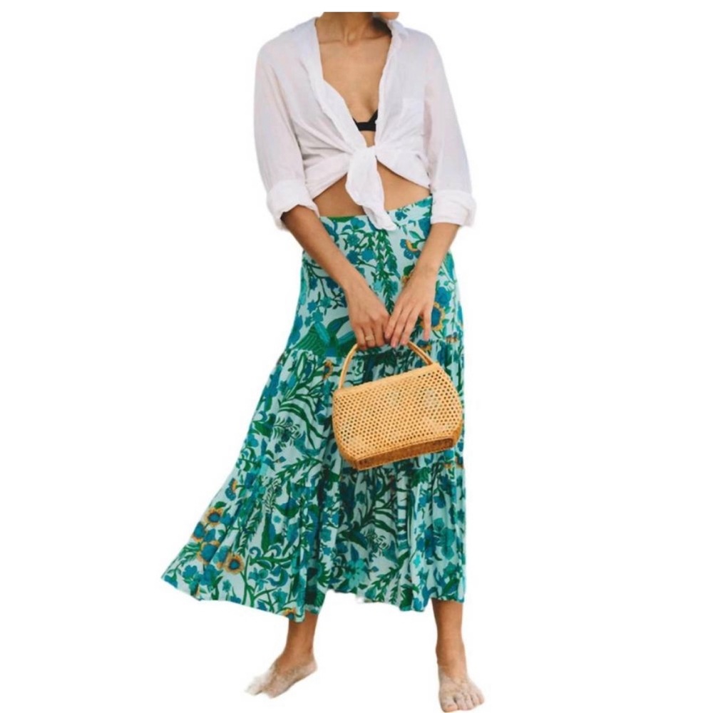 Floral Tiered Midi Skirt in Teal Green